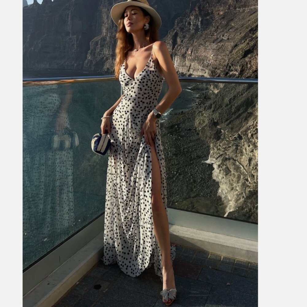 Zara Black and White Ecru Polka Dot Maxi Dress 5039/226 L NWT - Picture 3 of 16